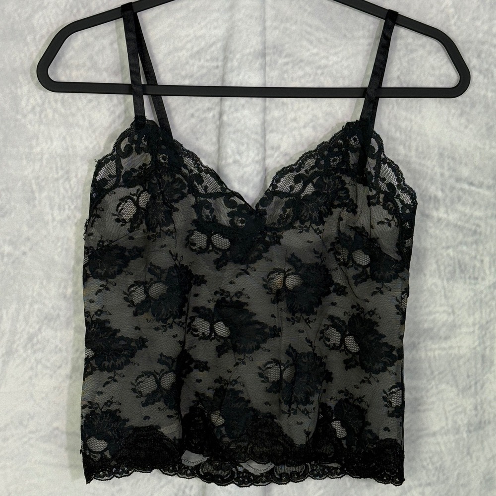 Vtg 70s Ambria Black Floral Lace Sheer Cami Top Sz 6 Whimsigoth Fairy Grunge